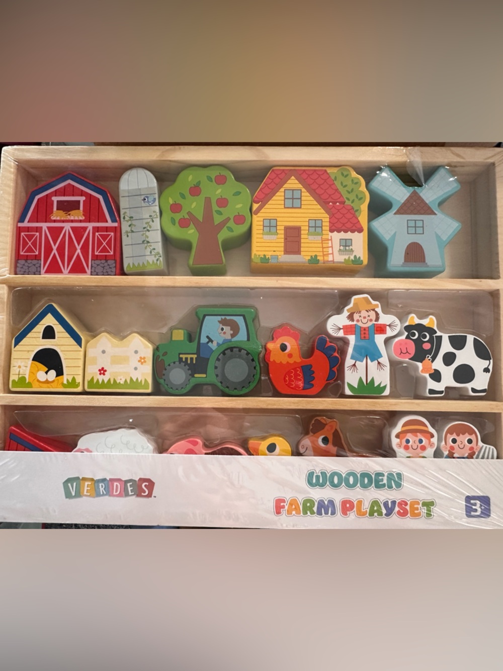 Wooden Farm Playset - Colorful Kids Toy (Green, Red, Yellow, Blue)